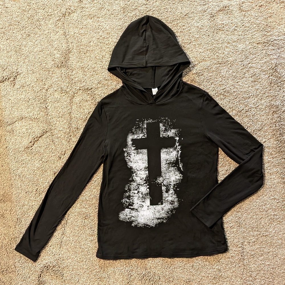 Women's Black Hooded Shirt with Cross Design Shein Brand. Size Medium.